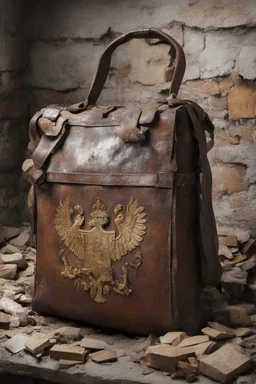 in the BASEMENT there is an old, broken brown oblong leather chest with short handles, from which gold coins from the time of Catherine the Great fall out. The ancient coat of arms of tsarist Russia, the double-headed eagle, is BARELY VISIBLE on the bag. There are a lot of broken bricks and earth around the bag. All in high quality 8K