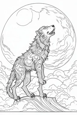 A werewolf howling at the moon while standing in a misty graveyard. Outline, sketch style, only use outline, mandala style, clean line art, white background, no shadows, no clear wall, coloring page.