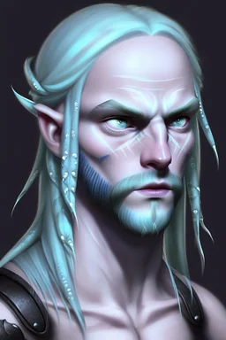 A tieffelin with blue skin and white Dreadlock hair. His pupil-less eyes are green. He wears a small beard. His horns are black and curved backwards. He wears a beige tunic.