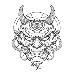 White, minimalis line art , oni mask japanes funny , vector, white background, outline, with images neatly contained within the background, just black and white color, tatto style.