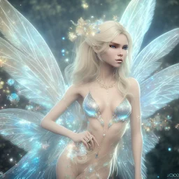 beautiful blonde fairy in a galactic ambiance, transparent wings, delicate colors, finely tuned detail, ultra high definition, 8 k, unreal engine 5, ultra sharp focus