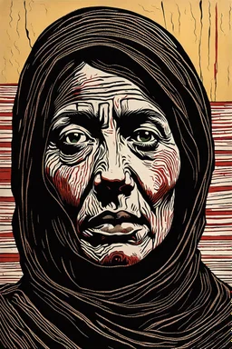 create an abstract, deeply powerful tragic and evocative, full body color woodcut of a raw and weathered refugee woman with highly detailed and deeply cut facial features, lost in a horrific post apocalyptic Gaza, in the style of KATHE KOLLWITZ , searing lines and forceful strokes