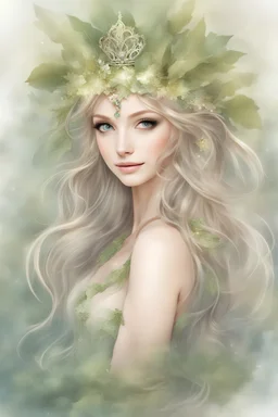 Magical forest fairy; serene face; sweet smile ; attractive image for book front cover; beautiful attractive eyes; beautiful crown