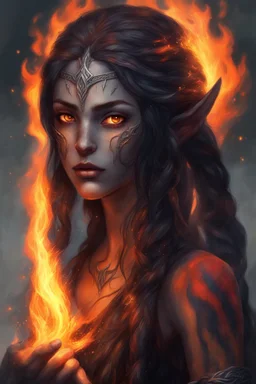 Fire Eladrin druid female. Hair is long and bright black part glows. Part of hair is braided and fire comes out from it. Big bright red eyes. Is generating fire with her hands and fire are coming our off them . Skin color is dark. Has a big deep scar on face.