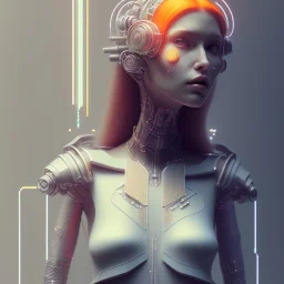 A beautiful portrait of a cute cyberpunk woman happy, grain on the skin, orange color scheme, high key lighting, volumetric light high details with white stripes and feathers full length clean art NFT, soft lighting, soft pastel gradients, high definition, blender 3d cinematic, op art, visionary art, sacred geometry, fractal, white balanced