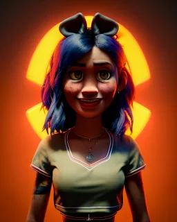 Waist up portrait, hybrid character, waitress British woman with classic muppet mask that covers her entire head and face, Sesame Street style, latex dress, short shirt, old school tattoo, hot, smooth, unreal engine 5, god lights, ray tracing, neon, RTX, lumen lighting, ultra detail, volumetric lighting, 3d.