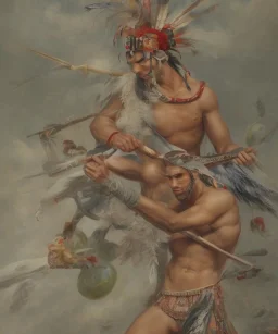 Guaicaipuro, native american god, tall and muscular warrior, red feathers headdress, shirtless, holding a stone tip spear