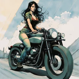 create a highly ethereal, darkly magical full body illustration of a dark haired girl on her motorcycle, with highly detailed and deeply cut facial features, in the style of KATHE KOLLWITZ combined with the comic art style of BILL SIENKIEWICZ and JEAN GIRAUD MOEBIUS, searing lines and forceful strokes, precisely drawn, inked, and darkly colored