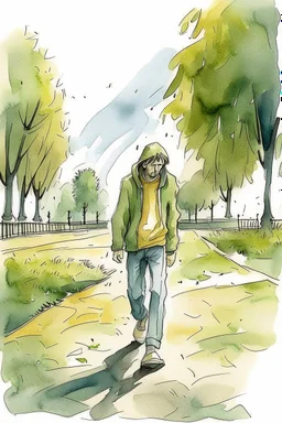 Watercolored crying man walking in a park