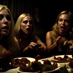 Horror movie shot, spooky, hot, ultra realistic, dine, horns, ultra realistic hot blonde women, party, pieces of meat, organs, ail, dynamic, very excited people, hypermaximalist figures, light, 1970's Italian horror movie, sinister,, Dario Argento, Stanley Kubrik, ornate, 4k, photorealism