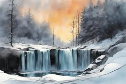 Winter sunrise waterfall snow. A soft-focus image of the golden sunrise casting a warm glow after the rain, create in inkwash and watercolor, in the comic book art style of Mike Mignola, Bill Sienkiewicz and Jean Giraud Moebius, highly detailed, gritty textures,