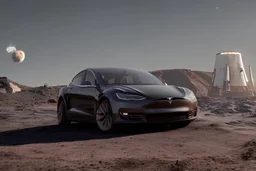 A Tesla 'Model S' is parked, at the lunar landing site of the 'Apollo 11'. (CINEMATIC, WIDE ANGLE LENS, PHOTO REAL)