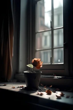 Dead flower in pot, sitting on windowsill, petals falling off, looking straight on, light coming from window behind the flower, hd, realism, hdr, 4k, leica, fujifilm, dslr, cinematic