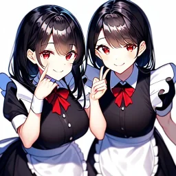 Girl, black hair, red eyes, smiling, maid, twins