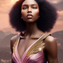 A black woman with long hair, fantasy setting, ethereal, soft lighting, angel wings, porcelain