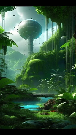 sci fi planet, tropical jungle garden, vertical city