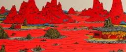 Red islands with lava monsters designed in Chinese paper art painted by Piet Mondrian