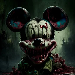 zombie mickey mouse hybrid, photorealism, movie screen capture, horror, sci-fi, evil, hungry, rotted