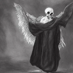 a dark priest with a skull head in s hooded robe with wings