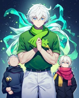 Young boy aged 14, determined, has short white hair, wears a green t-shirt with yellow stripes, wears a scarf with the colors of the rainbow, He is sad but looks ahead with a determined look, has light blue eyes, stars behind the character, and a colorful aura.