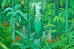 A mint colored jungle with emerald gems designed in Navajo woven art painted by Frank Wilson