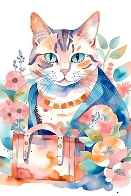 Watercolors, sketchbook floral pattern, stylish design portrait cat in a baggie chubby