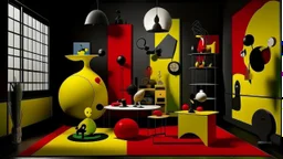 Habitación inspirada en Interior holandés I de Joan Miró → Diseño surrealista → Automatismo poético → Objetos domésticos transformados en signos flotantes → Composición libre y dinámica → Luz neutra de estudio → Amarillos, negros, verdes y rojos intensos → Humor onírico.