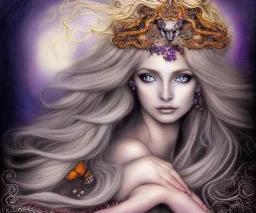 Portrait of a sensual Goddess: Eyes like diamonds sparkling Black. Long Blonde hair. Incredibly detailed 8K resolution HDR photograph of a hyper detailed photorealistic storybook laying open with weathered riffled pages meticulously illustrated by Brian Froud and Josephine Wall, album cover art, imagination, upscaled, sharp focus, space"