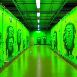 A lime green nuclear warehouse with trolls painted by Gustav Klimt