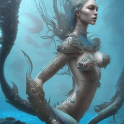 sango fantasy, fantasy magic, intricate, sharp focus, illustration, highly detailed, digital painting, concept art, matte, artgerm and paul lewin and kehinde wiley, masterpiece sexy lips African lady fish body mermaid turquoise space lady beach sea under water mermaid seaweed