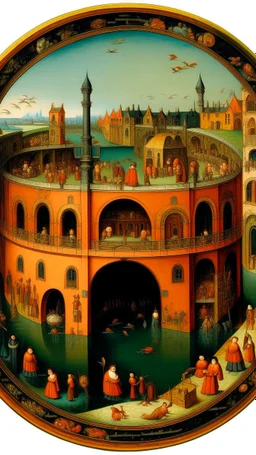 A salmon orange colored electrical alloy reactor sanctum painted by Pieter Bruegel the Elder