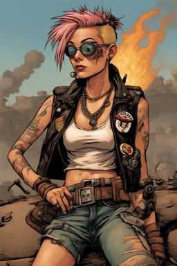 With an irresistible grin that dared the world to challenge her audacity, Tank Girl's eyes sparkled with a mischievous fire. They held a depth of knowledge and experience, as if they had witnessed a lifetime of adventures in this unforgiving landscape. Her attire was a testament to her eclectic allure—she wore a leather jacket adorned with patches, the badges of her rebellious journey, and neon leggings that accentuated her lithe form. Every piece of clothing was a statement, a declaration of h