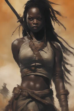 Danai Gurira as "Michonne" movie poster (the walking dead) in the art style of Frank Frazetta