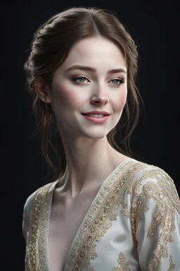 (young woman pale skin)), dark background, mid shot, full body, happy expression, looking down, ultra realistic, highres, superb, 8k wallpaper, extremely detailed, intricate, limited palette,