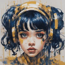 A portrait of a Singer Melanie Martinez face, cyberpunk, painting by Yoji Shinkawa, darkblue and gold tones,