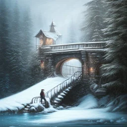 fantasy art, book illustration, closeup on horse, stairs of a bridge to old mill ,icy water, on the bridge is a wolf,seen from the tree tops