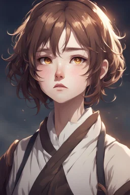 The girl is tall, plump, with sparse short wavy brown hair, narrow tortured eyes with a sad look. A wide round face adorns a narrow nose, and small lips, genshin impact style