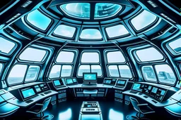 inside a ufo with a big tech layouts with windows