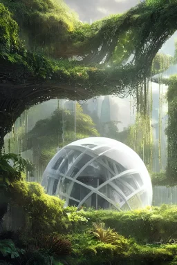 white futuristic mage house covered in plants, hanging vines, floating inside an enormous spherical chamber, cinematic, epic, dramatic lighting, cinematic view, epic sky, detailed, concept art, low angle, high detail, warm lighting, volumetric, godrays, vivid, beautiful, trending on artstation, by jordan grimmer, huge scene, grass, art greg rutkowski