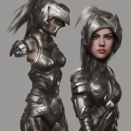 female metal warrior, polished, beautiful, focused, photorealistic, Artstation, 4K, 3D