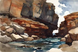 Clouds, rocks, cliffs, rocky land, sci-fi and fantasy, beyond and trascendent, 90's sci-fi movies influence, winslow homer watercolor paintings