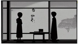 monochromatic japanese classroom with a shadowy figure looking out the window holding a transparent key emanating glow that colors the surroundings, anime
