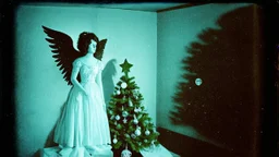 Empiriocriticism, cursed christmas angel and the christmas tree of the Empty Room, augmented reality, pantomim, masks, eerieland, abstract surrealism, glitter, calotype combineted tintype , performance art grainy editorial, kodakchrome, high-contrast