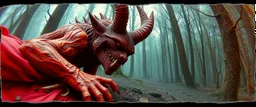3d airbrush render,i was cooking garlic and went out to eat and something hit me hard and i wake up puked and wrestled a lycantrophe and ran to the forest to sleep , pinhole cam, airbrush 3d rendering, in the style of Titian and Dali , torn edges on border