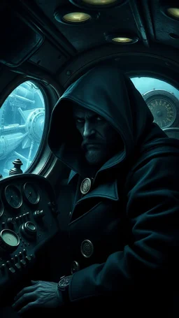 Captain Nemo inside a dark submarine , paint it in the baroque style, as if the man is horrified, with complicated dashboards with many gears . A dark hooded face out side the window, scary , mysterious, 8k , high quality