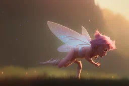 a tiny fairy flying, sparkles, a pig in the mud,