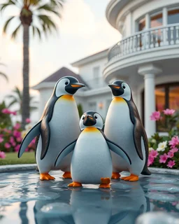 Generate image: Generate image: Generate image: A macro 3D render of a cute, lovely Penguins,made of see trough rubber. is landing in yard of a luxury villa next to flowers ,subsurface scattering and gelatinous texture . High-quality CGI, octane render, 8k resolution, whimsical, adorable, clean composition. long shot ,4:3