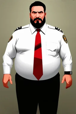 Crée le portrait d un agent de sécurité. Il est obèse. Il porte une chemise blanche sale trop petite pour lui et une cravate rouge. Il a les cheveux noirs. Il n a pas de barbe. Son hygiène est déplorable. Il est débraillé