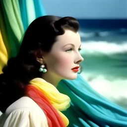 Vivien leigh A white curtain above the sea, turquoise, pink, orange, yellow, wind blowing