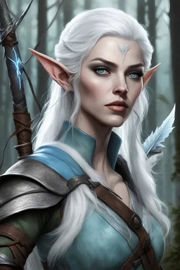 generate a dungeons and dragons character portrait of a female ranger wood elf. She has pale skin, icy white hair and piercing light blue eyes. She is wielding a powerful bow while in the forest.